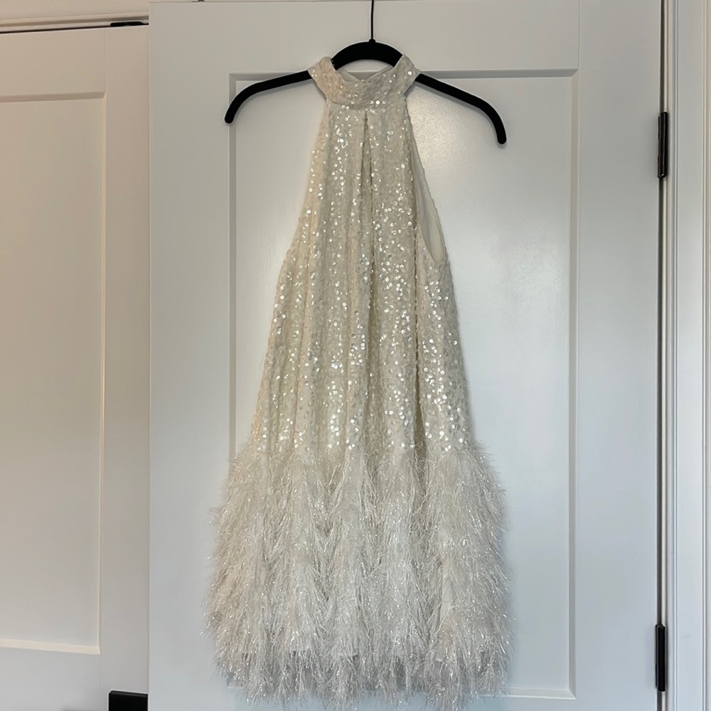 ASOS sequin halter mini dress with faux feather hem in ivory